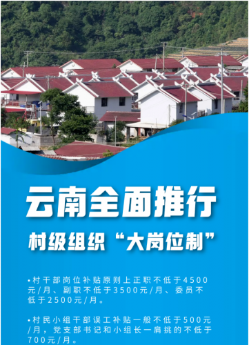 正职岗位补贴不低于4500元！云南省全面推行村级组织“大岗位制” 提高村干部待遇