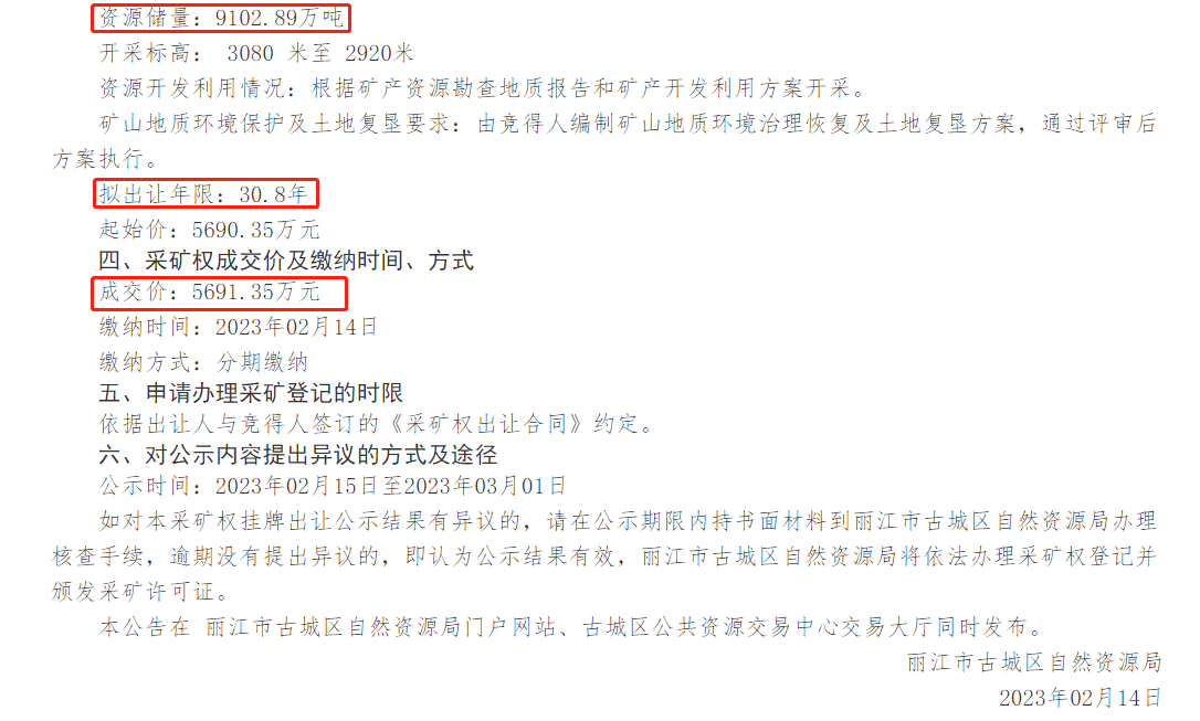 云南交投5700万竞得丽江储量9102万吨灰岩矿 出让年限30年