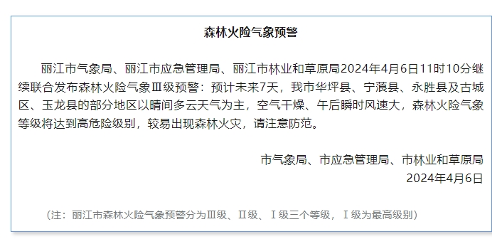 丽江三部门联合发布森林火险气象Ⅲ级预警.png
