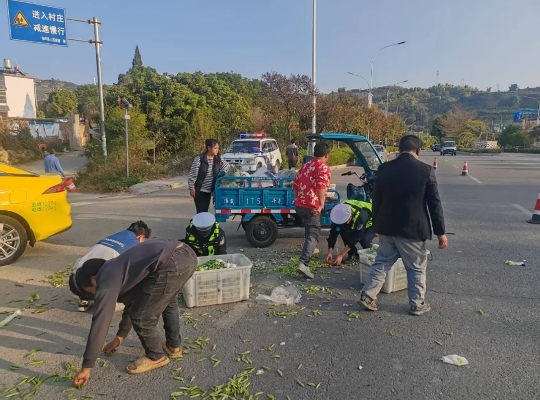 两车相撞 豌豆大蒜散落一地  交警来“捡”了.png