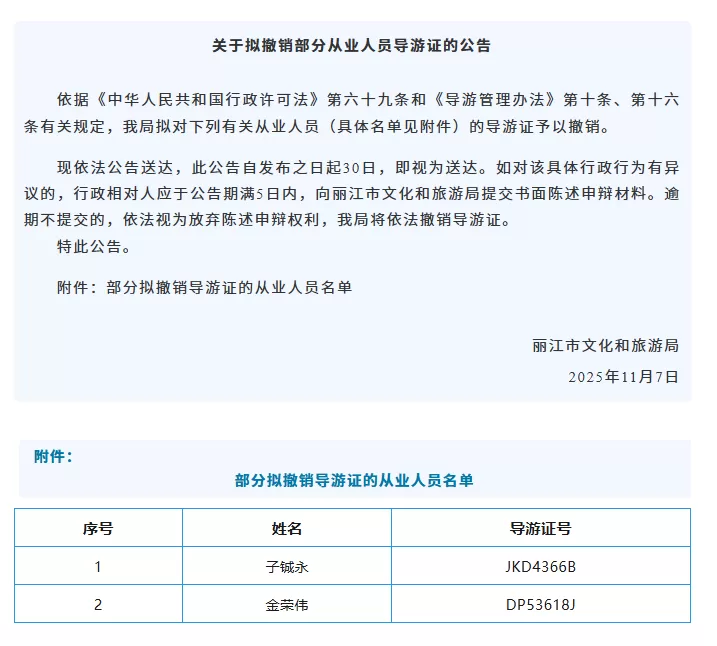 丽江这3名导游证拟注、撤销